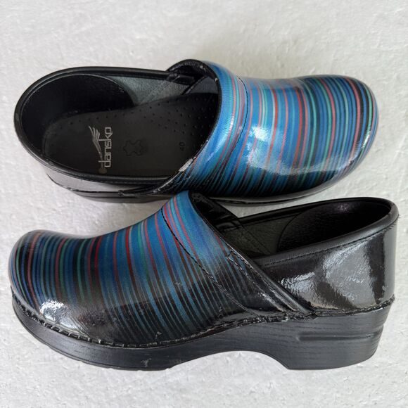 Size 40 - Dansko Patent Clogs Nursing Slip-On Comfort Striped Shoes Medical - Picture 2 of 10